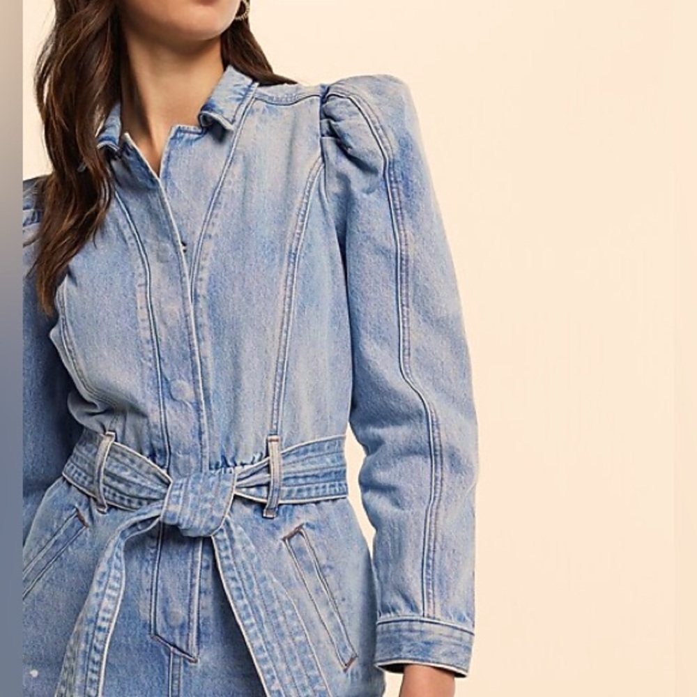 Express Puff Sleeve Denim Jumpsuit with Belted Waist - Picture 4 of 10